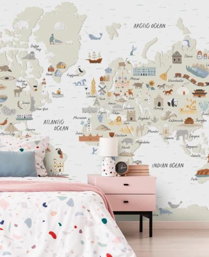 natural toned kids world map wallpaper 