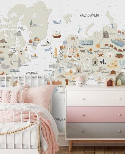 natural toned kids world map wallpaper 