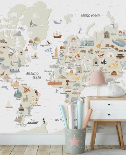 natural toned kids world map wallpaper 