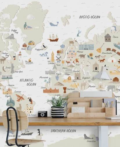 papel de parede do mapa do mundo infantil em tons naturais