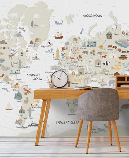 natural toned kids world map wallpaper
