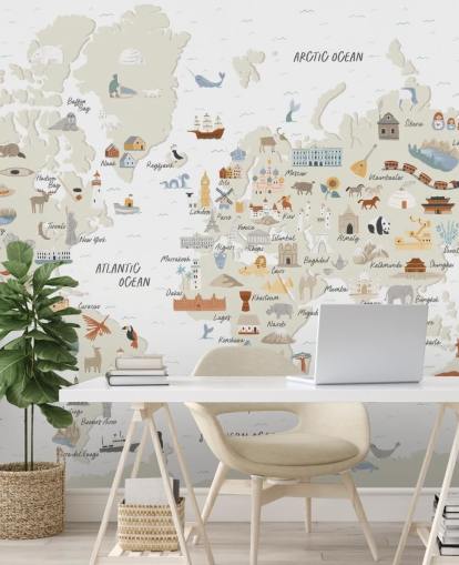 papel de parede do mapa do mundo infantil em tons naturais