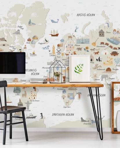papel de parede do mapa do mundo infantil em tons naturais papel de parede do mapa do mundo infantil em tons naturais