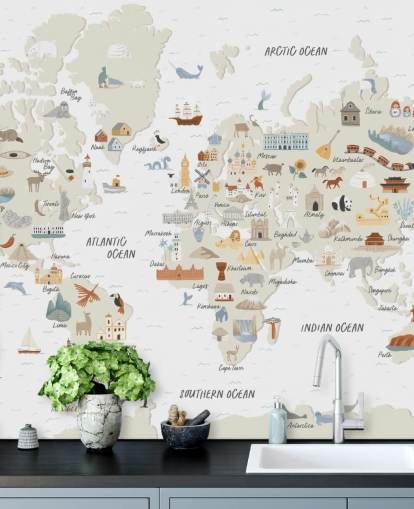 natural toned kids world map wallpaper