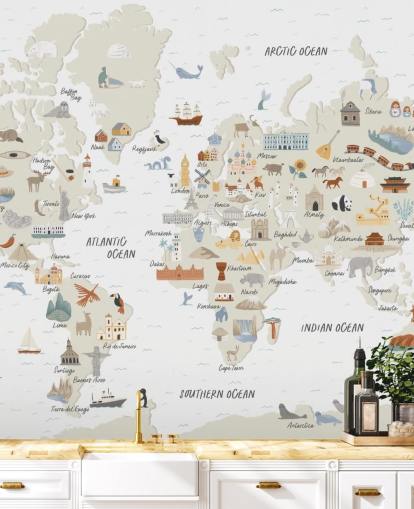 papel de parede do mapa do mundo infantil em tons naturais