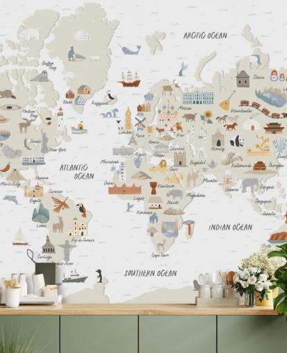 papel tapiz de mapa del mundo infantil en tonos naturales