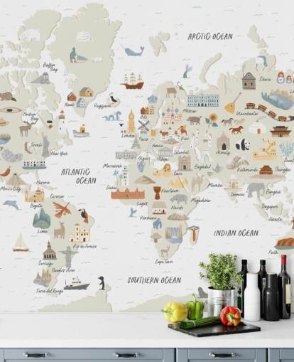 natural toned kids world map wallpaper