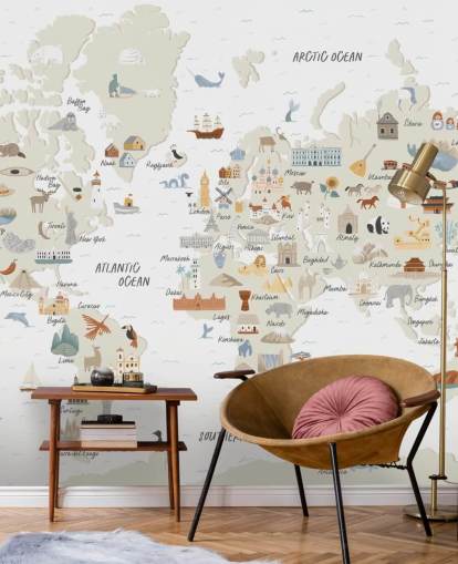 papel tapiz de mapa del mundo infantil en tonos naturales papel tapiz de mapa del mundo infantil en tonos naturales