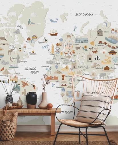 papel de parede do mapa do mundo infantil em tons naturais papel de parede do mapa do mundo infantil em tons naturais
