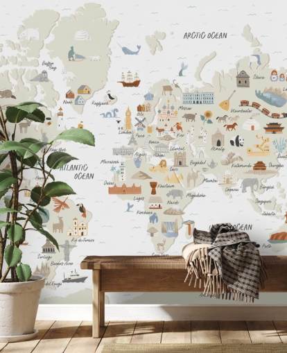natural toned kids world map wallpaper