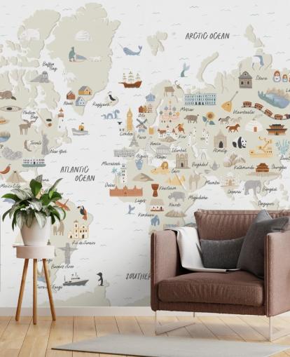 papel tapiz de mapa del mundo infantil en tonos naturales