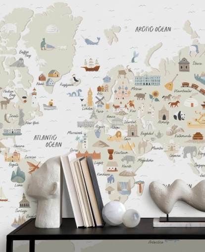 papel tapiz de mapa del mundo infantil en tonos naturales papel tapiz de mapa del mundo infantil en tonos naturales