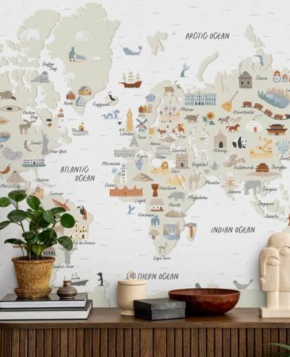 papel de parede do mapa do mundo infantil em tons naturais papel de parede do mapa do mundo infantil em tons naturais