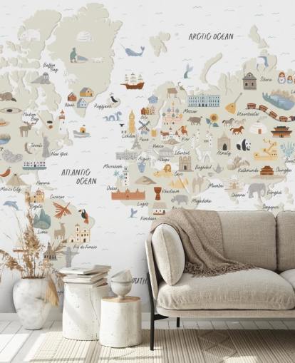 natural toned kids world map wallpaper