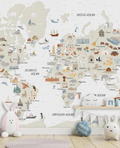 papel tapiz de mapa del mundo infantil en tonos naturales