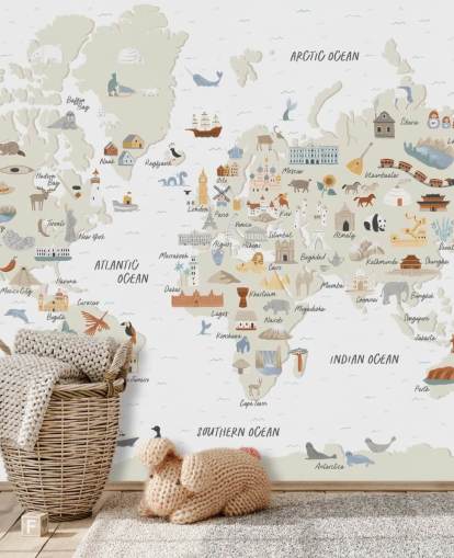 papel de parede do mapa do mundo infantil em tons naturais