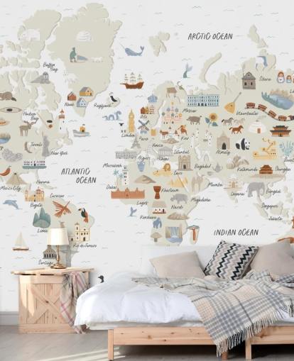 papel de parede do mapa do mundo infantil em tons naturais papel de parede do mapa do mundo infantil em tons naturais