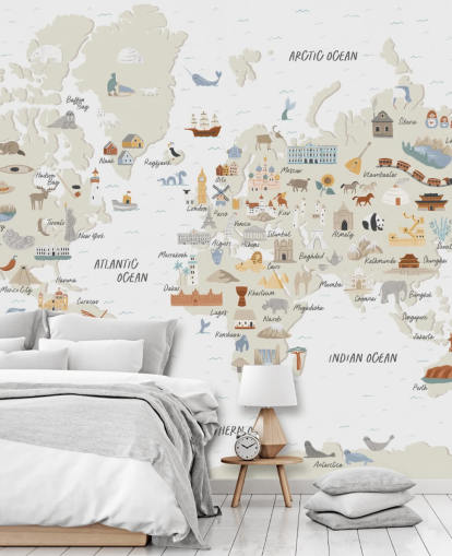 natural toned kids world map wallpaper