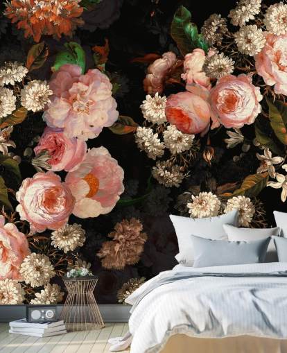 papel pintado de rosas rosadas sobre fondo oscuro