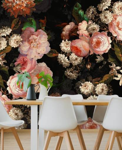 papel pintado de rosas rosadas sobre fondo oscuro
