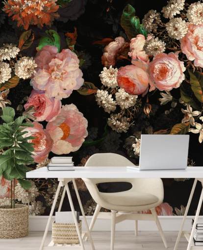 papel pintado de rosas rosadas sobre fondo oscuro