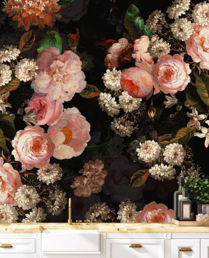 papel pintado de rosas rosadas sobre fondo oscuro