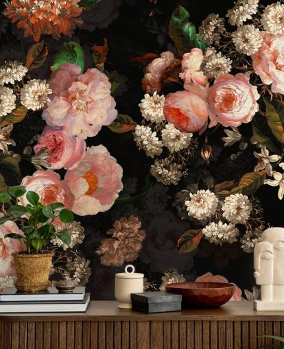 papel pintado de rosas rosadas sobre fondo oscuro