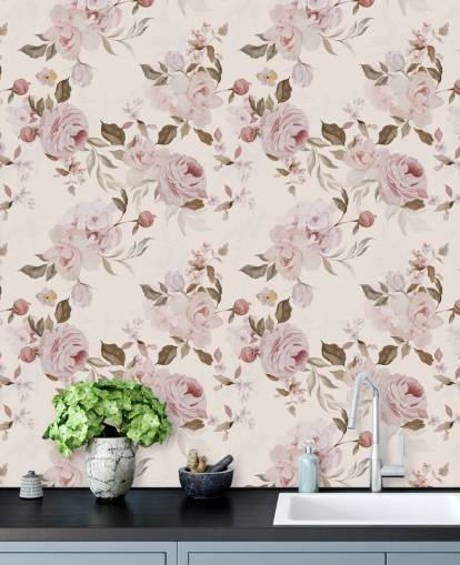 papel pintado floral rosa polvoriento