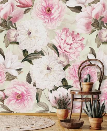blush vintage pioenrozen lentetuin behang