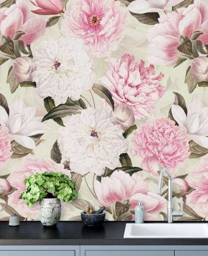 blush vintage pioenrozen lentetuin behang