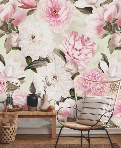 papier peint vintage jardin de printemps blush pivoines