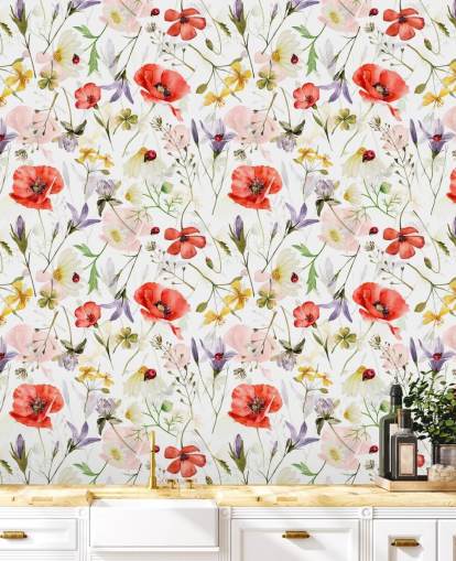 papier peint coquelicots et fleurs sauvages