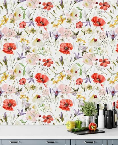 papier peint coquelicots et fleurs sauvages