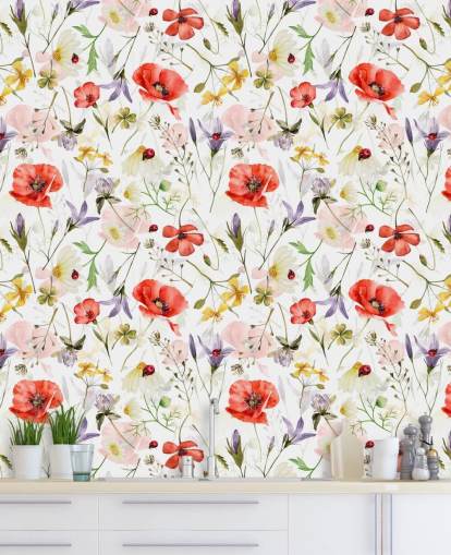 papier peint coquelicots et fleurs sauvages