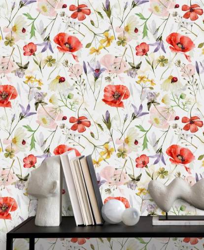 papavers en wilde bloemen behang