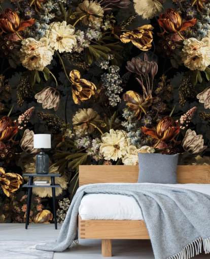 dark floral golden tones wallpaper