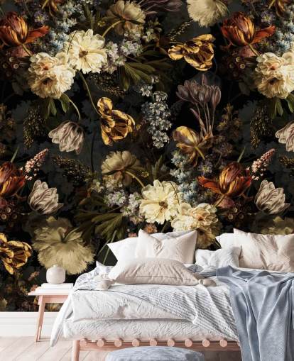 dark floral golden tones wallpaper