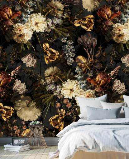 dark floral golden tones wallpaper