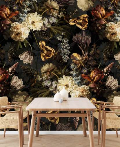 dark floral golden tones wallpaper