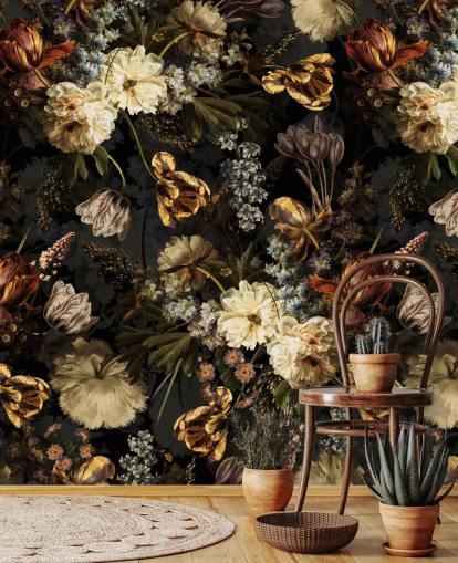 donkere bloemen gouden tinten behang