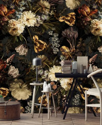 dark floral golden tones wallpaper