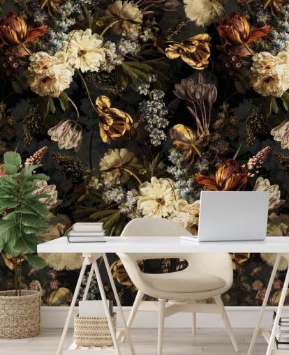 papel pintado de tonos dorados florales oscuros