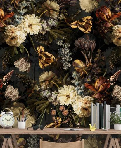 papel pintado de tonos dorados florales oscuros