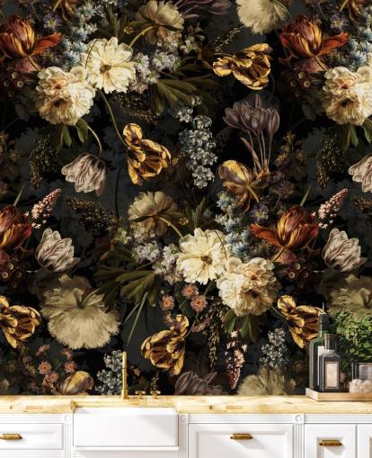 dark floral golden tones wallpaper
