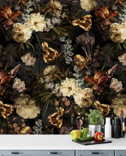 dark floral golden tones wallpaper