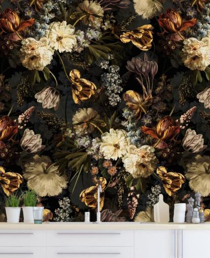 papel de parede floral escuro tons dourados