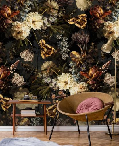 papel de parede floral escuro tons dourados