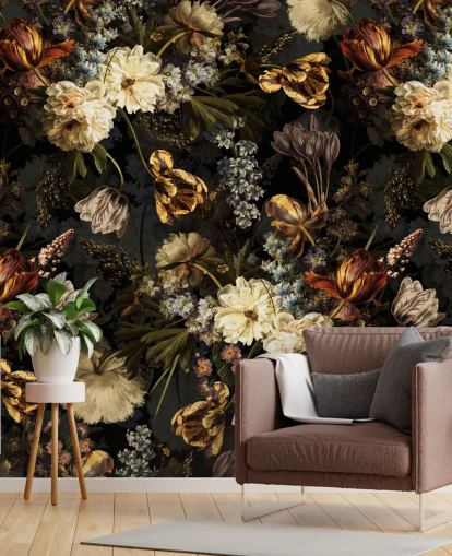 dark floral golden tones wallpaper