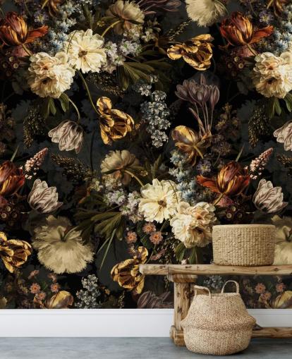 donkere bloemen gouden tinten behang