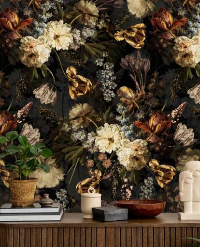 papel de parede floral escuro tons dourados